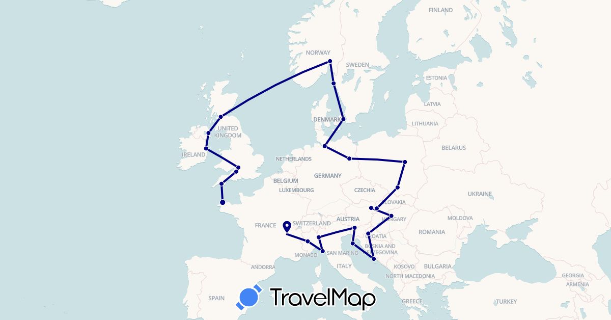 TravelMap itinerary: driving in Austria, Germany, Denmark, France, United Kingdom, Croatia, Hungary, Ireland, Italy, Norway, Poland, Sweden, Slovenia, Slovakia (Europe)